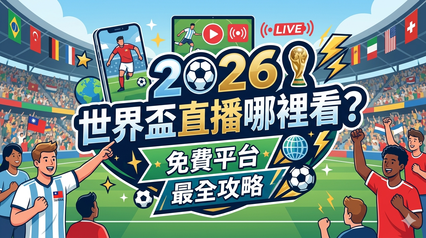 這張圖片採用鮮明的運動風格設計,標題明確點出「2026 世界盃直播哪裡看」的主題。 畫面整合了手機直播、球賽現場與歡慶球迷等元素,營造出強烈的賽事氛圍。 透過醒目的標題與「免費平台最全攻略」文字,有效提升文章的點擊吸引力。