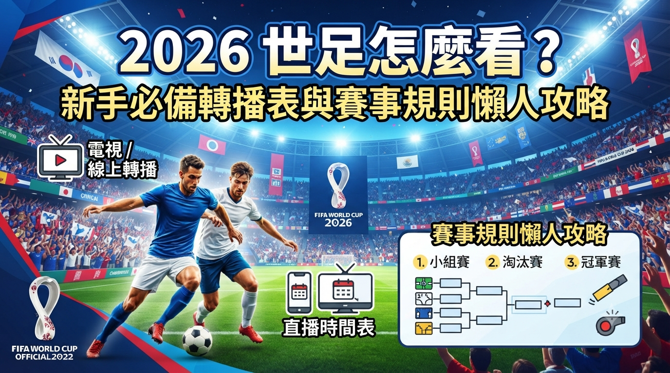 這張圖片以 2026 年世界盃足球賽為主題，上方標註了「2026 世足怎麼看？」與「新手必備轉播表與賽事規則懶人攻略」的繁體中文字標題。 畫面結合了激烈的球賽場景與清晰的圖示，為足球初學者整理出電視/線上轉播觀看方式、直播時間表及賽事分組流程資訊。