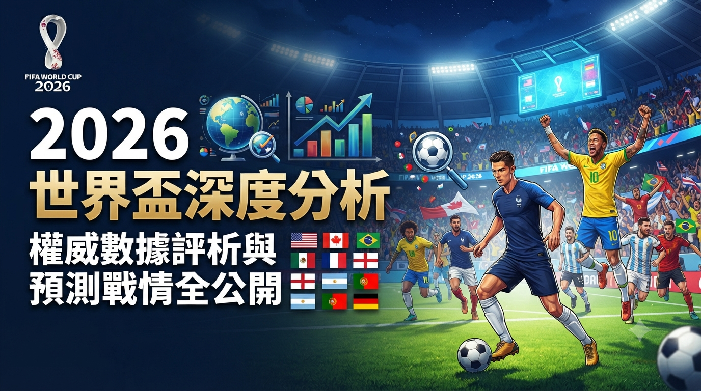 這張圖片呈現 2026 世界盃的專業賽事氛圍，左側以醒目的繁體中文字標題結合圖表數據元素，強調深度分析與預測。 右側則描繪了熱血的足球賽場畫面，球員在充滿激情的觀眾席背景下奔跑爭球，並搭配各國國旗與 FIFA 標誌，整體設計具備強烈的運動科技與數據專業感。
