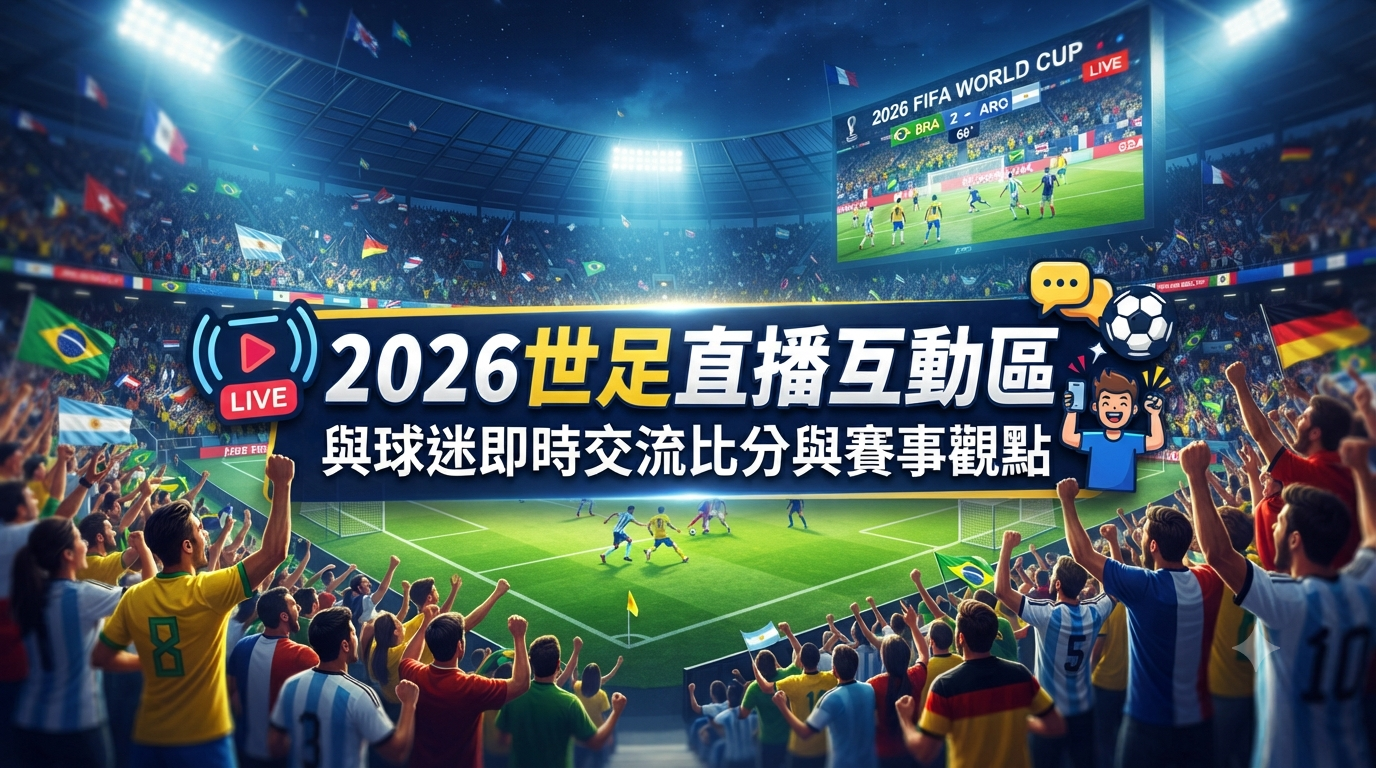 這張圖片以 2026 世界盃足球賽為主題,展現了體育場內熱情的球迷與巨型賽事轉播螢幕。 畫面中央清楚標示了「2026世足直播互動區:與球迷即時交流比分與賽事觀點」的繁體中文標題。