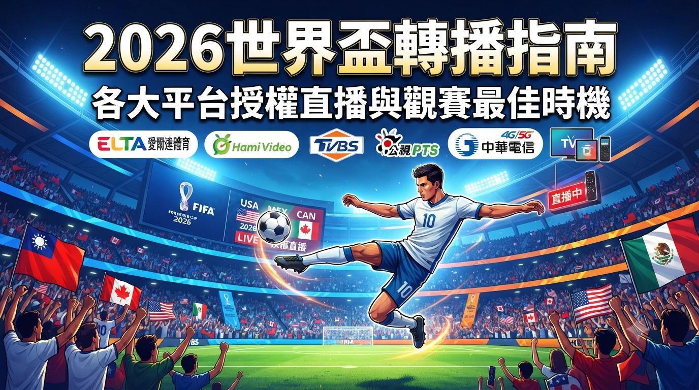 圖片頂部以醒目的繁體中文標題列出「2026世界盃轉播指南」與「各大平台授權直播與觀賽最佳時機」，下方並列標示了愛爾達體育、Hami Video、TVBS、公視PTS及中華電信等轉播平台標誌。