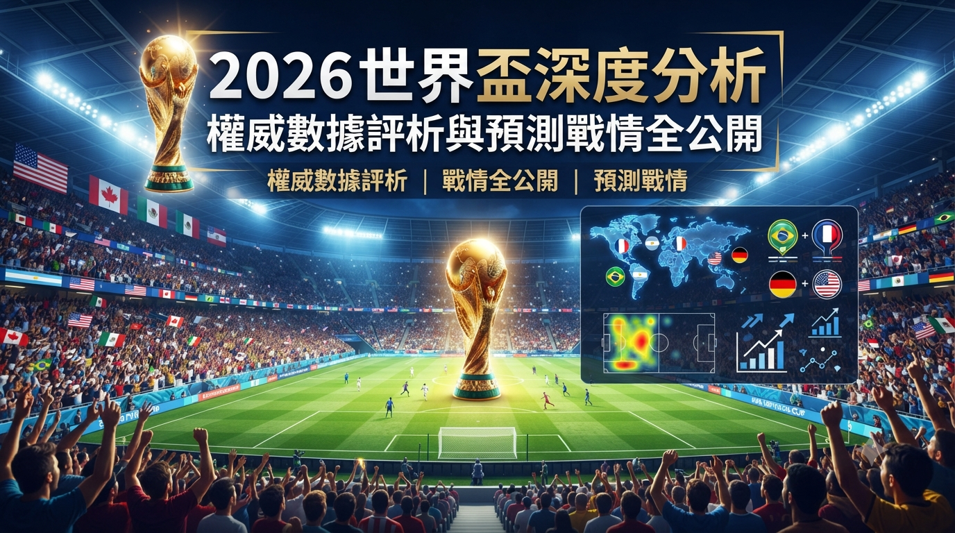 這張縮圖以 2026 世界盃足球場為背景,呈現充滿張力的專業數據分析與預測戰情視覺。 圖面標題清楚標示「2026 世界盃深度分析」,並結合權威數據圖表,展現賽事評析的專業感。